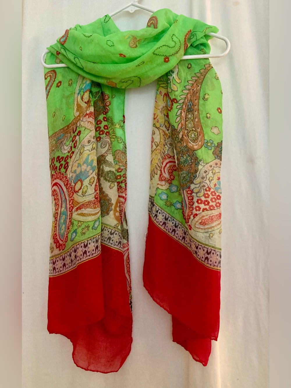 Lightweight Oversized Green and Red Paisley Scarf / Wrap Size 42”x72”
